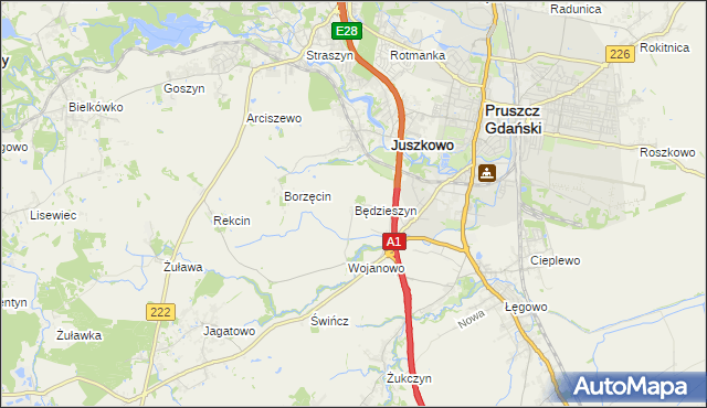 mapa Będzieszyn gmina Pruszcz Gdański, Będzieszyn gmina Pruszcz Gdański na mapie Targeo