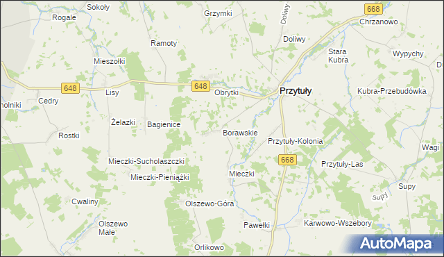 mapa Borawskie gmina Przytuły, Borawskie gmina Przytuły na mapie Targeo