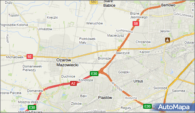 mapa Bronisze gmina Ożarów Mazowiecki, Bronisze gmina Ożarów Mazowiecki na mapie Targeo