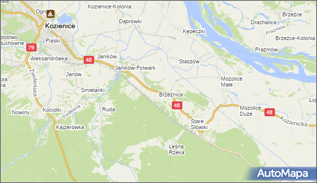 mapa Brzeźnica gmina Kozienice, Brzeźnica gmina Kozienice na mapie Targeo