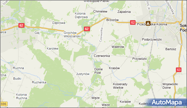mapa Czerwonka gmina Sokołów Podlaski, Czerwonka gmina Sokołów Podlaski na mapie Targeo