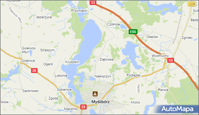 mapa Dąbrowa gmina Myślibórz, Dąbrowa gmina Myślibórz na mapie Targeo