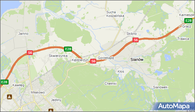 mapa Gorzebądz gmina Sianów, Gorzebądz gmina Sianów na mapie Targeo