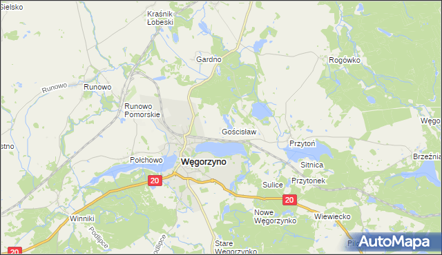 mapa Gościsław gmina Węgorzyno, Gościsław gmina Węgorzyno na mapie Targeo