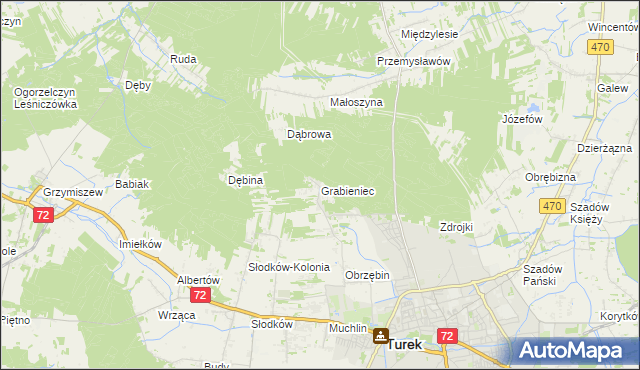mapa Grabieniec gmina Turek, Grabieniec gmina Turek na mapie Targeo