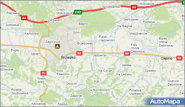 mapa Jadowniki gmina Brzesko, Jadowniki gmina Brzesko na mapie Targeo