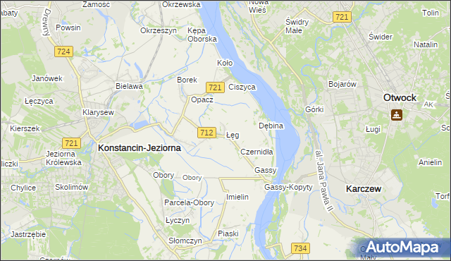 mapa Łęg gmina Konstancin-Jeziorna, Łęg gmina Konstancin-Jeziorna na mapie Targeo