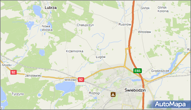 mapa Ługów gmina Świebodzin, Ługów gmina Świebodzin na mapie Targeo