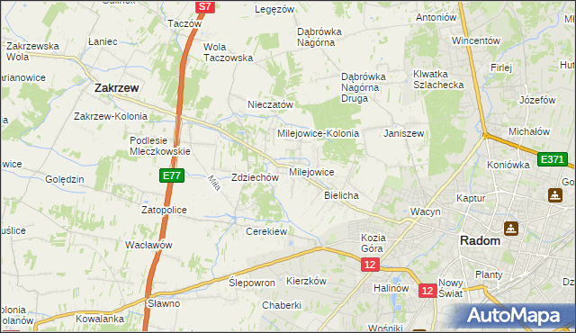 mapa Milejowice gmina Zakrzew, Milejowice gmina Zakrzew na mapie Targeo