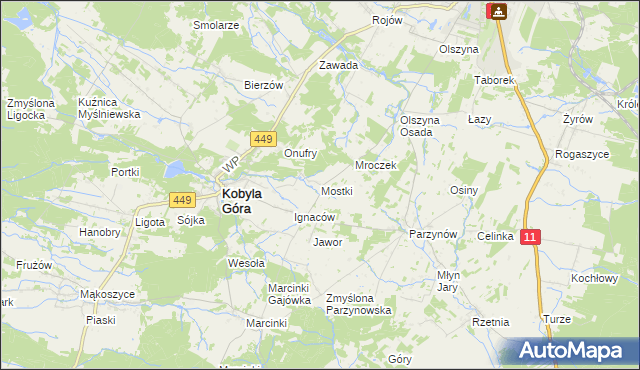 mapa Mostki gmina Kobyla Góra, Mostki gmina Kobyla Góra na mapie Targeo