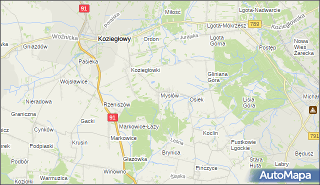 mapa Mysłów gmina Koziegłowy, Mysłów gmina Koziegłowy na mapie Targeo