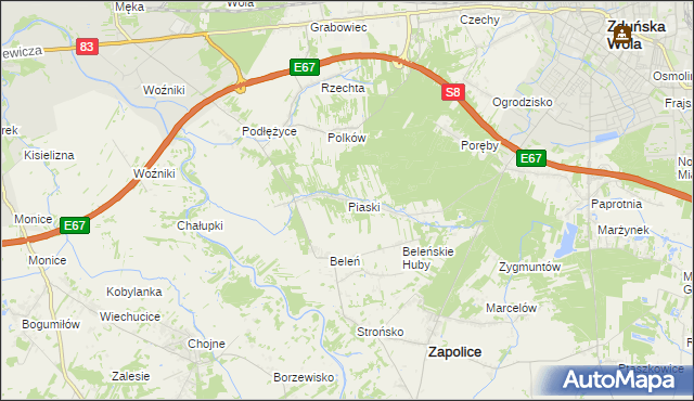 mapa Piaski gmina Zduńska Wola, Piaski gmina Zduńska Wola na mapie Targeo