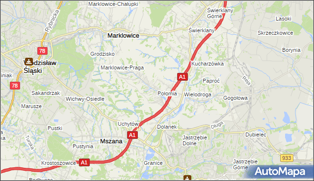 mapa Połomia gmina Mszana, Połomia gmina Mszana na mapie Targeo