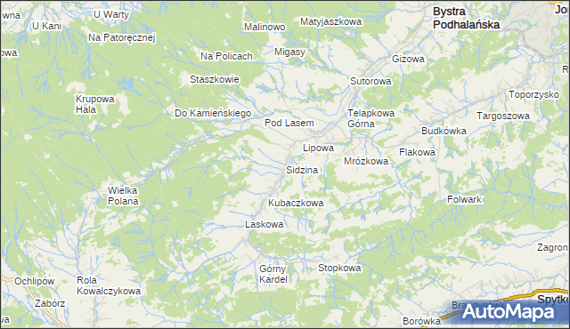 mapa Sidzina gmina Bystra-Sidzina, Sidzina gmina Bystra-Sidzina na mapie Targeo