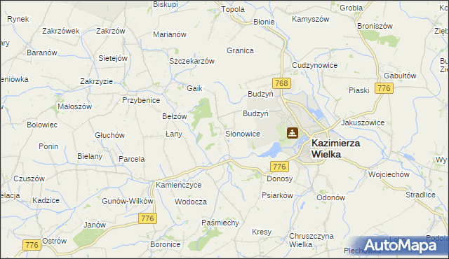 mapa Słonowice gmina Kazimierza Wielka, Słonowice gmina Kazimierza Wielka na mapie Targeo