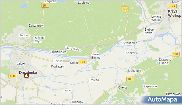 mapa Stare Bielice gmina Drezdenko, Stare Bielice gmina Drezdenko na mapie Targeo