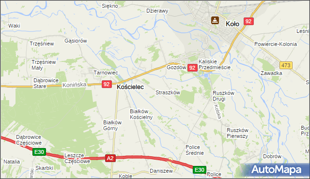 mapa Straszków gmina Kościelec, Straszków gmina Kościelec na mapie Targeo