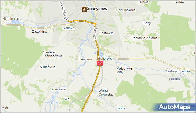 mapa Tuligłowy gmina Krasnystaw, Tuligłowy gmina Krasnystaw na mapie Targeo