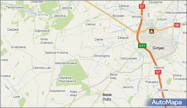 mapa Wilczogóra gmina Belsk Duży, Wilczogóra gmina Belsk Duży na mapie Targeo