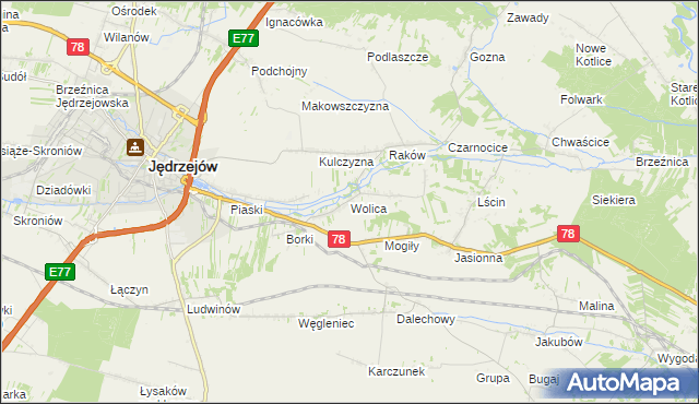 mapa Wolica gmina Jędrzejów, Wolica gmina Jędrzejów na mapie Targeo