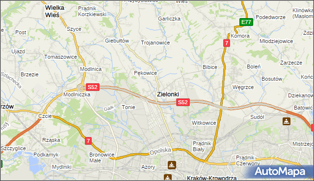 mapa Zielonki powiat krakowski, Zielonki powiat krakowski na mapie Targeo