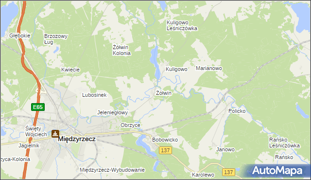 mapa Żółwin gmina Międzyrzecz, Żółwin gmina Międzyrzecz na mapie Targeo