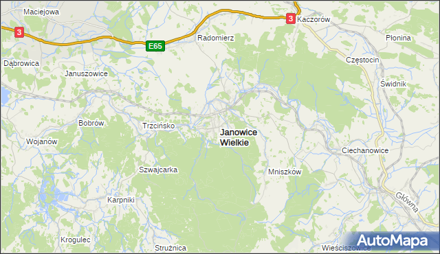 mapa Janowice Wielkie, Janowice Wielkie na mapie Targeo