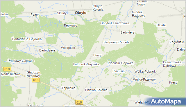 mapa Płusy gmina Obryte, Płusy gmina Obryte na mapie Targeo