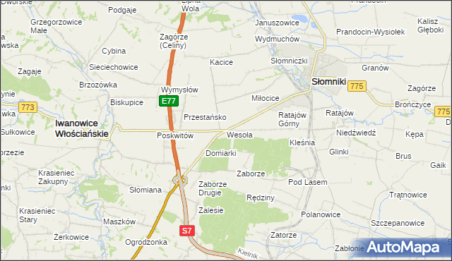 mapa Wesoła gmina Słomniki, Wesoła gmina Słomniki na mapie Targeo