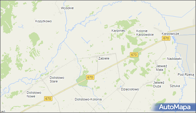mapa Zabiele gmina Jaświły, Zabiele gmina Jaświły na mapie Targeo