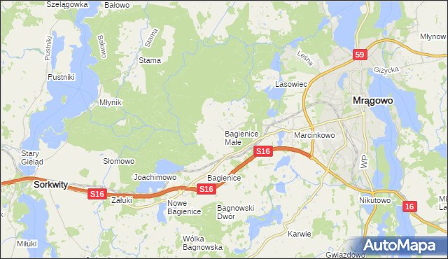 mapa Bagienice Małe gmina Mrągowo, Bagienice Małe gmina Mrągowo na mapie Targeo