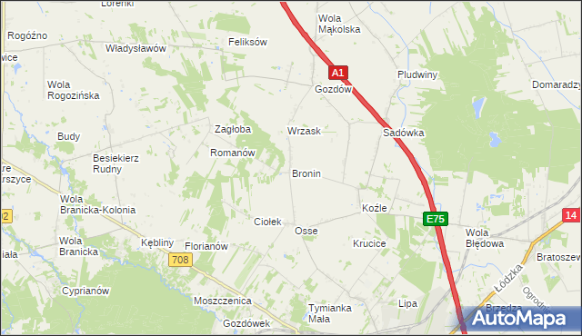 mapa Bronin gmina Stryków, Bronin gmina Stryków na mapie Targeo