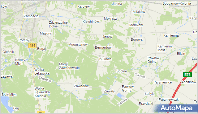 mapa Bukowa gmina Bełchatów, Bukowa gmina Bełchatów na mapie Targeo