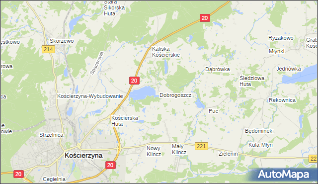mapa Dobrogoszcz gmina Kościerzyna, Dobrogoszcz gmina Kościerzyna na mapie Targeo