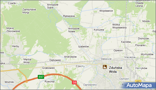 mapa Izabelów gmina Zduńska Wola, Izabelów gmina Zduńska Wola na mapie Targeo