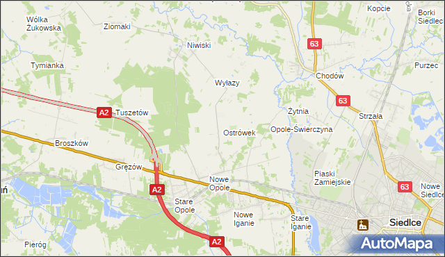 mapa Ostrówek gmina Siedlce, Ostrówek gmina Siedlce na mapie Targeo