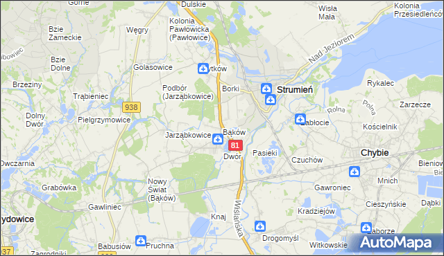 mapa Bąków gmina Strumień, Bąków gmina Strumień na mapie Targeo