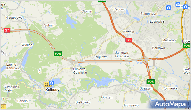 mapa Bąkowo gmina Kolbudy, Bąkowo gmina Kolbudy na mapie Targeo