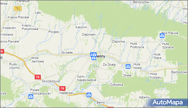 mapa Bieliny powiat kielecki, Bieliny powiat kielecki na mapie Targeo