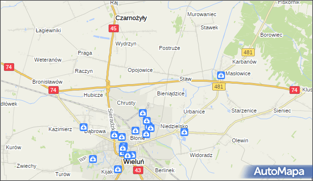 mapa Bieniądzice, Bieniądzice na mapie Targeo