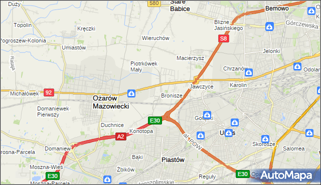 mapa Bronisze gmina Ożarów Mazowiecki, Bronisze gmina Ożarów Mazowiecki na mapie Targeo