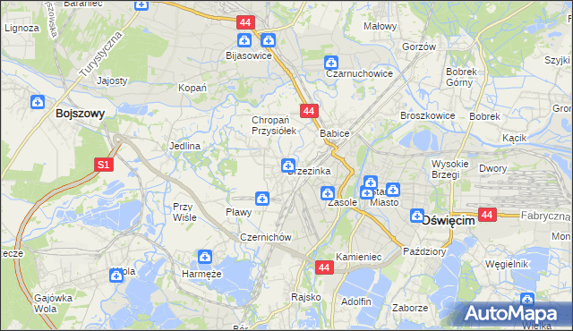 mapa Brzezinka gmina Oświęcim, Brzezinka gmina Oświęcim na mapie Targeo