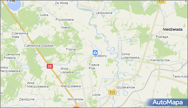 mapa Brzeziny gmina Lubartów, Brzeziny gmina Lubartów na mapie Targeo