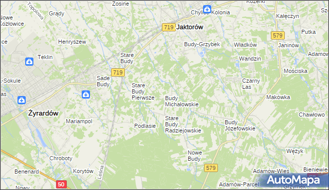 mapa Budy Michałowskie gmina Jaktorów, Budy Michałowskie gmina Jaktorów na mapie Targeo