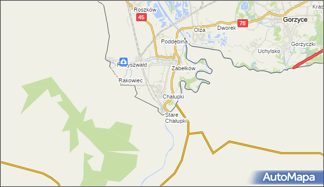 mapa Chałupki gmina Krzyżanowice, Chałupki gmina Krzyżanowice na mapie Targeo