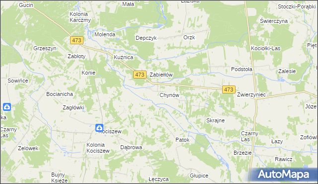 mapa Chynów gmina Drużbice, Chynów gmina Drużbice na mapie Targeo