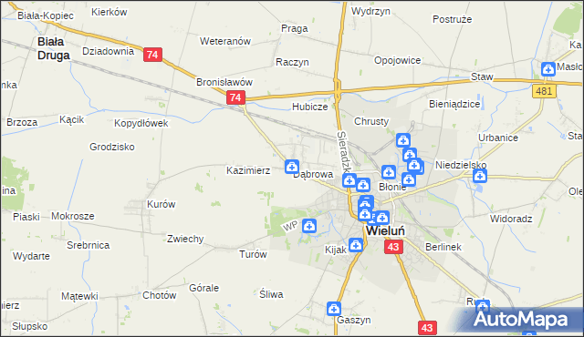 mapa Dąbrowa gmina Wieluń, Dąbrowa gmina Wieluń na mapie Targeo