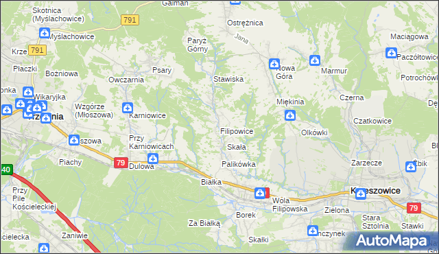 mapa Filipowice gmina Krzeszowice, Filipowice gmina Krzeszowice na mapie Targeo
