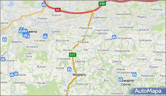 mapa Gaj gmina Mogilany, Gaj gmina Mogilany na mapie Targeo