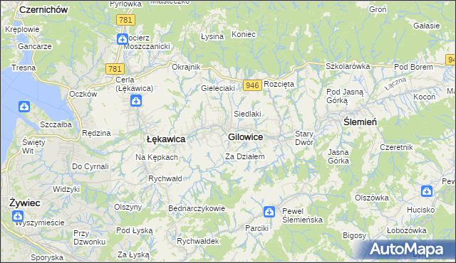 mapa Gilowice powiat żywiecki, Gilowice powiat żywiecki na mapie Targeo